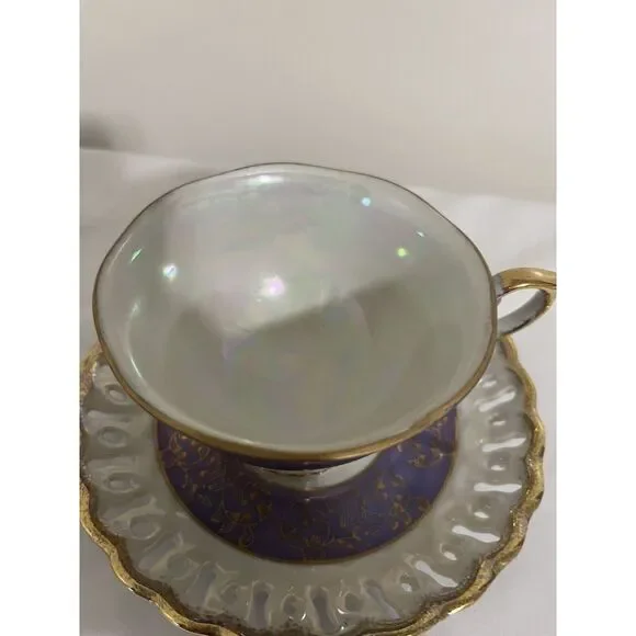 Vintage KPM Japan Lusterware Periwinkle Footed Tea Cup and‎ Saucer Luminous - Picture 2 of 7